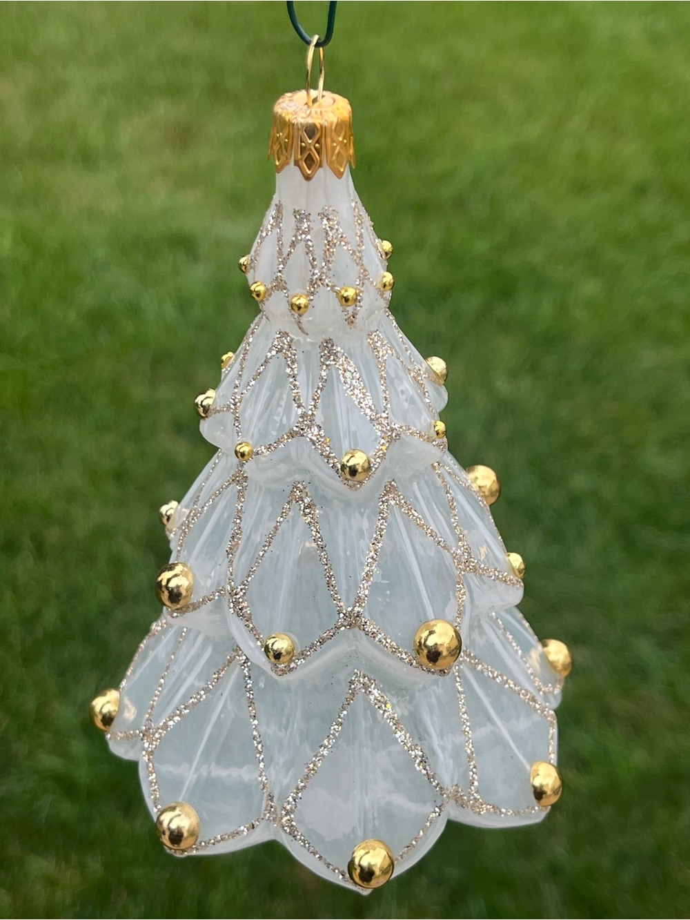 Hand Made/Hand Painted White & Gold Glass Christmas Tree Ornament Szkło-Dekor